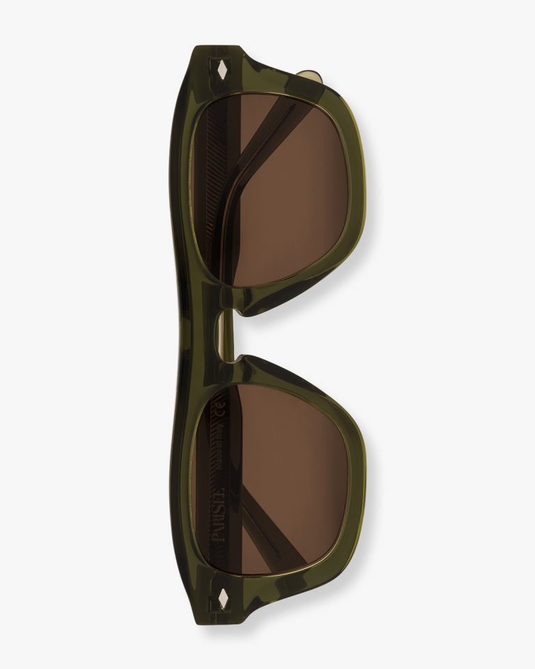 Packshot lunettes solaires verres bruns monture acétate vert kaki — vue du dessus branches repliées