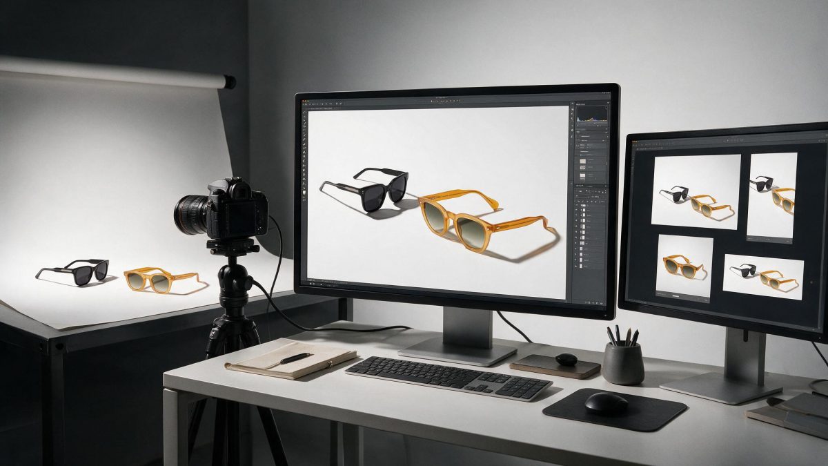 workflow photo produit e-commerce. Écran de studio affichant plusieurs versions d'une même photo produit : fichier RAW, master TIFF et export web
