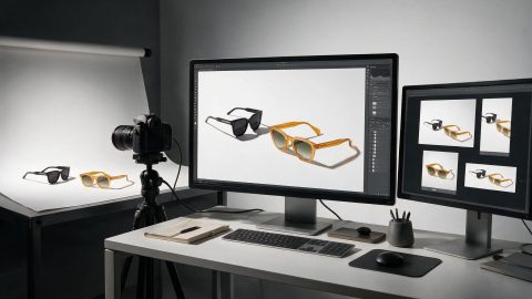 workflow photo produit e-commerce. Écran de studio affichant plusieurs versions d'une même photo produit : fichier RAW, master TIFF et export web