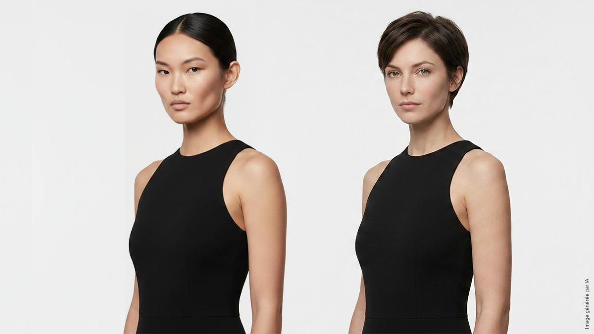 Deux mannequins générés par IA portant la même robe noire, dans la même pose et le même éclairage, illustrant le choix de silhouette possible pour un seul vêtement.