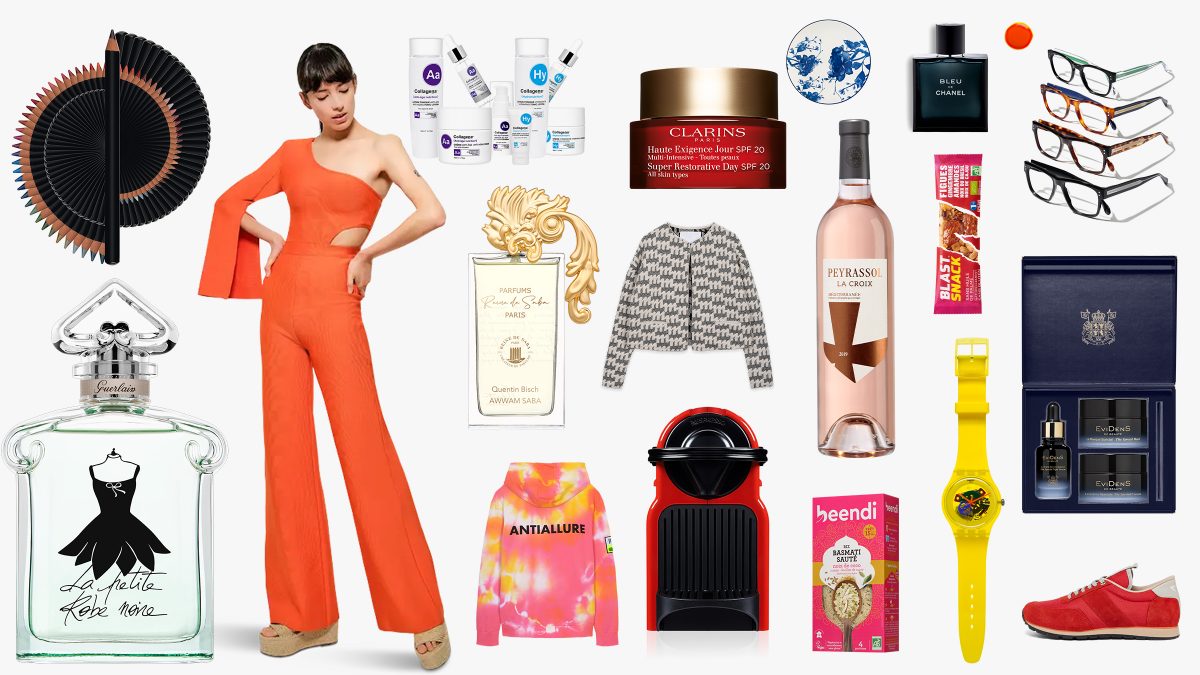 Packshots e-commerce : une vingtaine de produits photographiés en studio et détourés sur fond clair : combinaison orange portée par une mannequin, flacons de parfum et de soin, lunettes, cardigan, bouteille de rosé, montre, machine à café, baskets