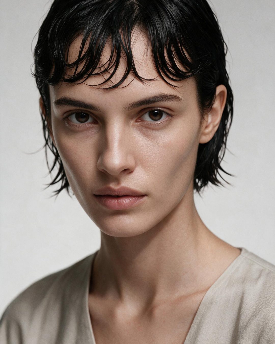 Bai, personnage IA du casting Lumiprod — portrait studio, fond gris clair