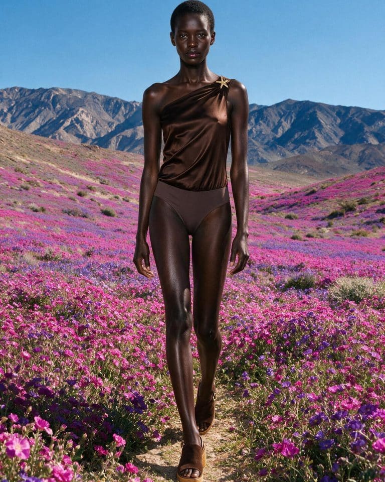 Casting IA Lumiprod — Jade, personnage IA en pied dans un champ de fleurs sauvages devant une chaîne de montagnes, tenue satinée marron asymétrique