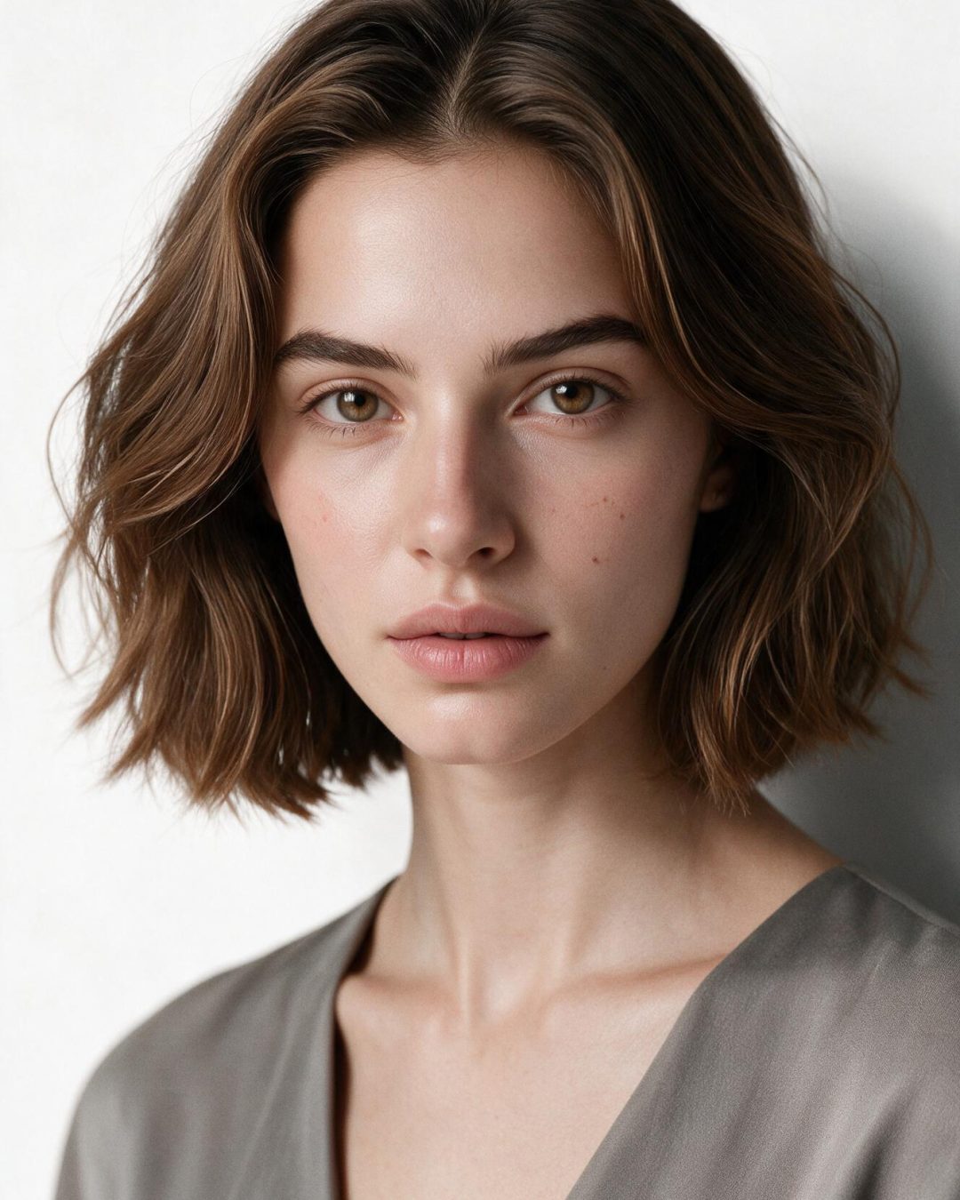 Chloé, personnage IA du casting Lumiprod — portrait studio, fond gris clair