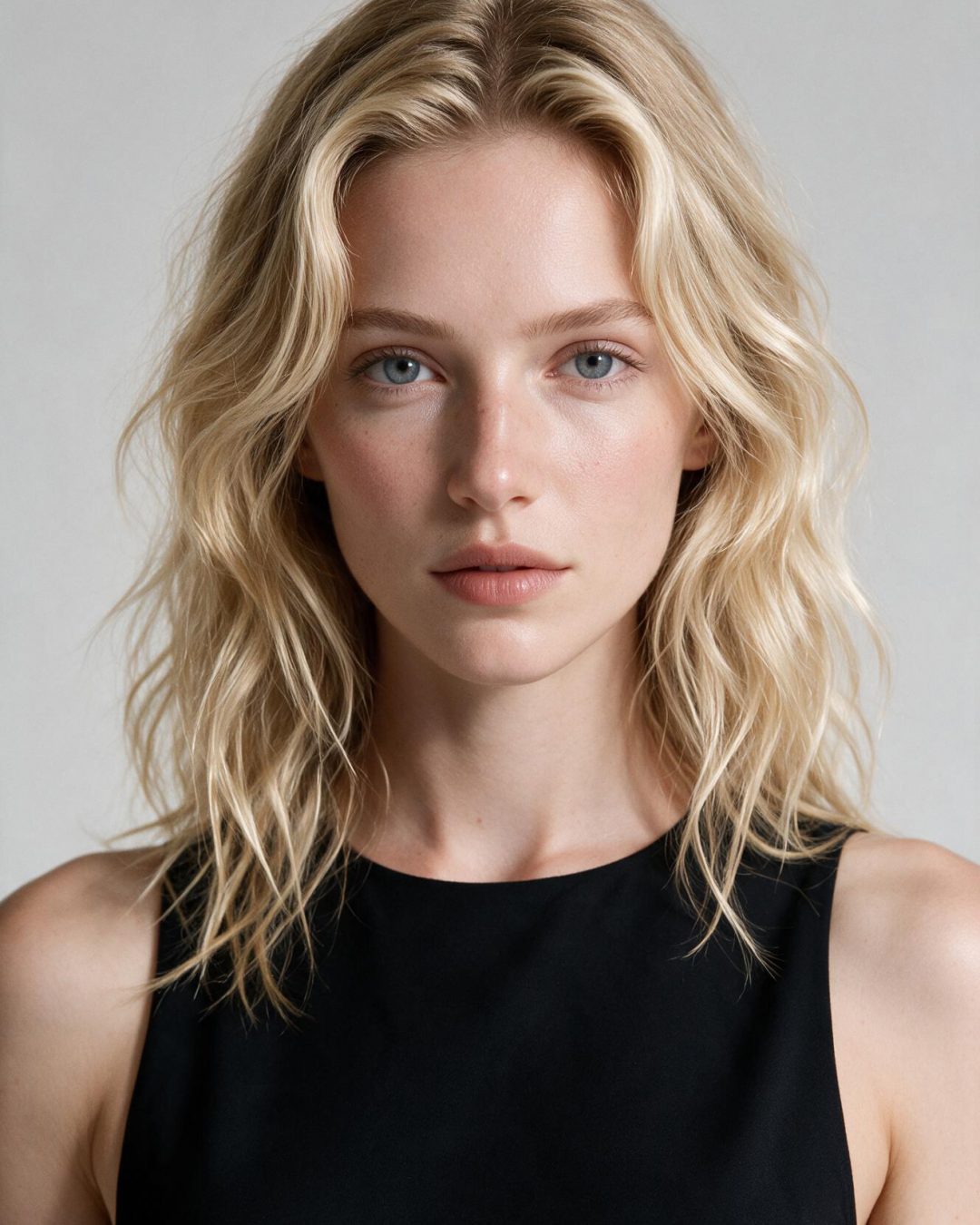 Eva, personnage IA du casting Lumiprod — portrait studio, fond gris clair