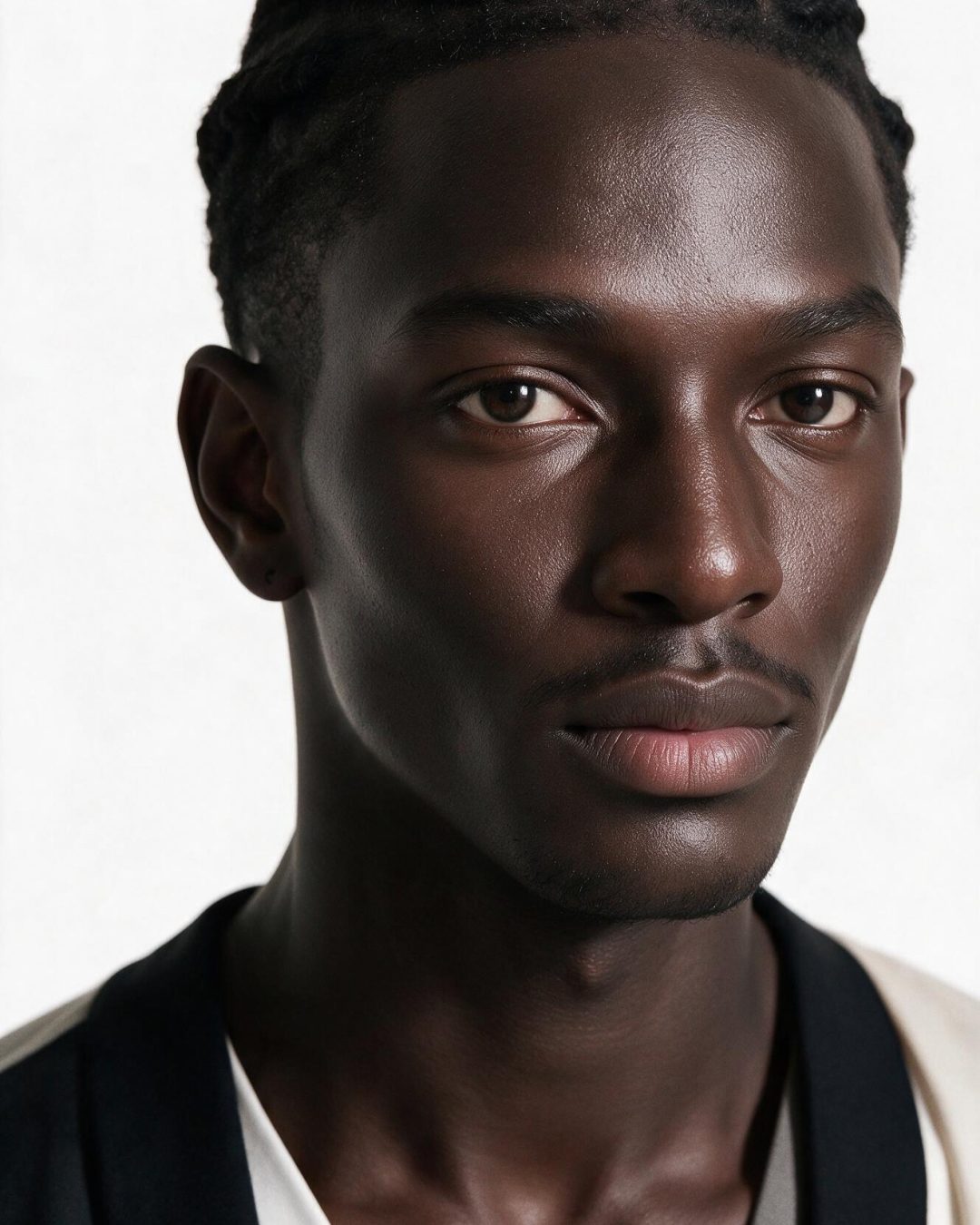 John, personnage IA du casting Lumiprod — portrait studio, fond gris clair