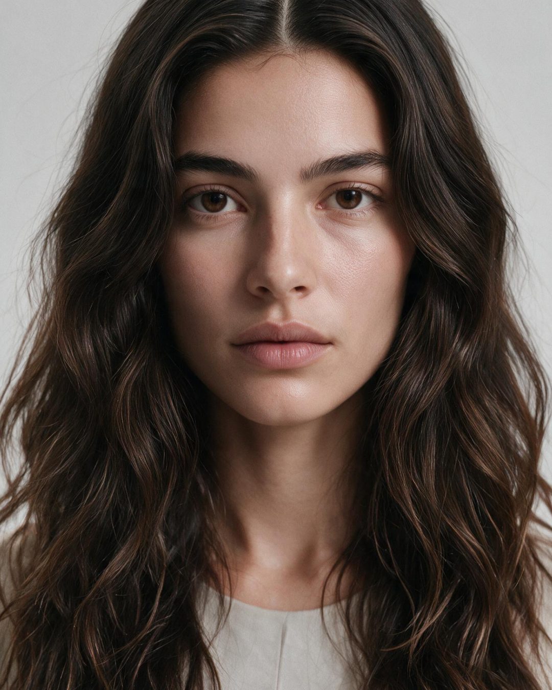 Lola, personnage IA du casting Lumiprod — portrait studio, fond gris clair