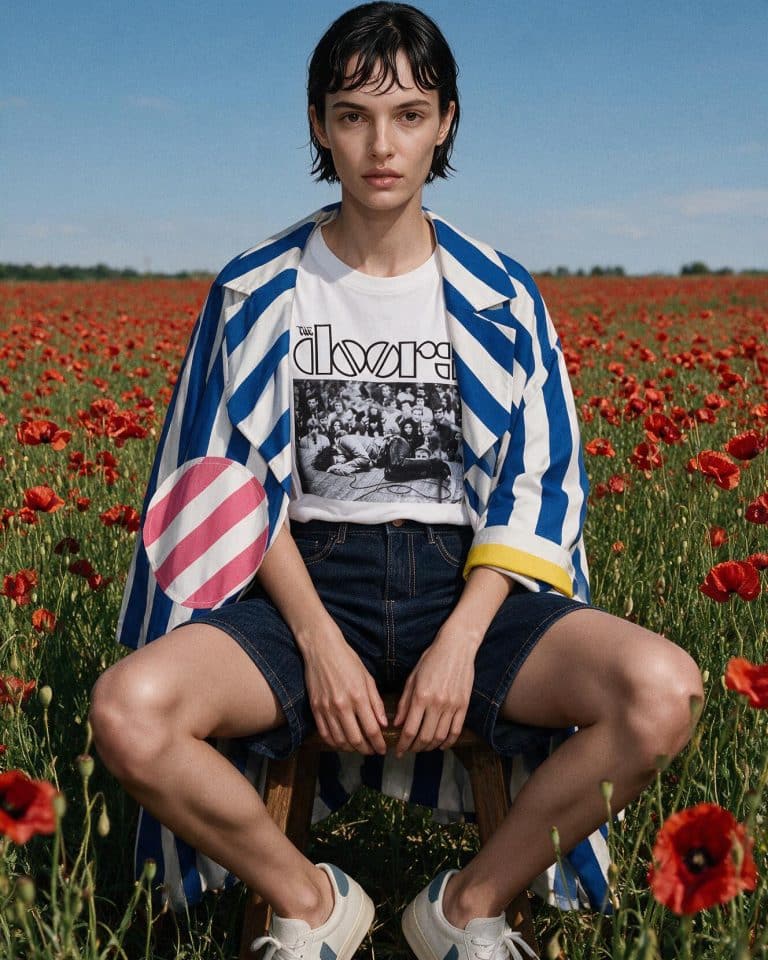 Photographe vêtements portés — chemise rayée bleu et blanc ouverte sur un tshirt imprimé, short marine, dans un champ de coquelicots